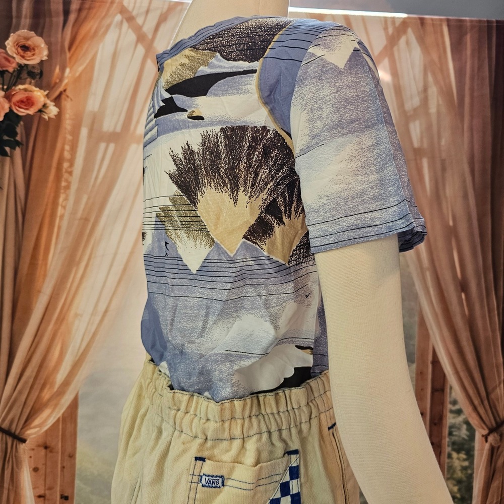 Vintage 1970s Top Shirt Merville Blue Beige Scenic Mountain Print Crew Neck - Picture 10 of 12